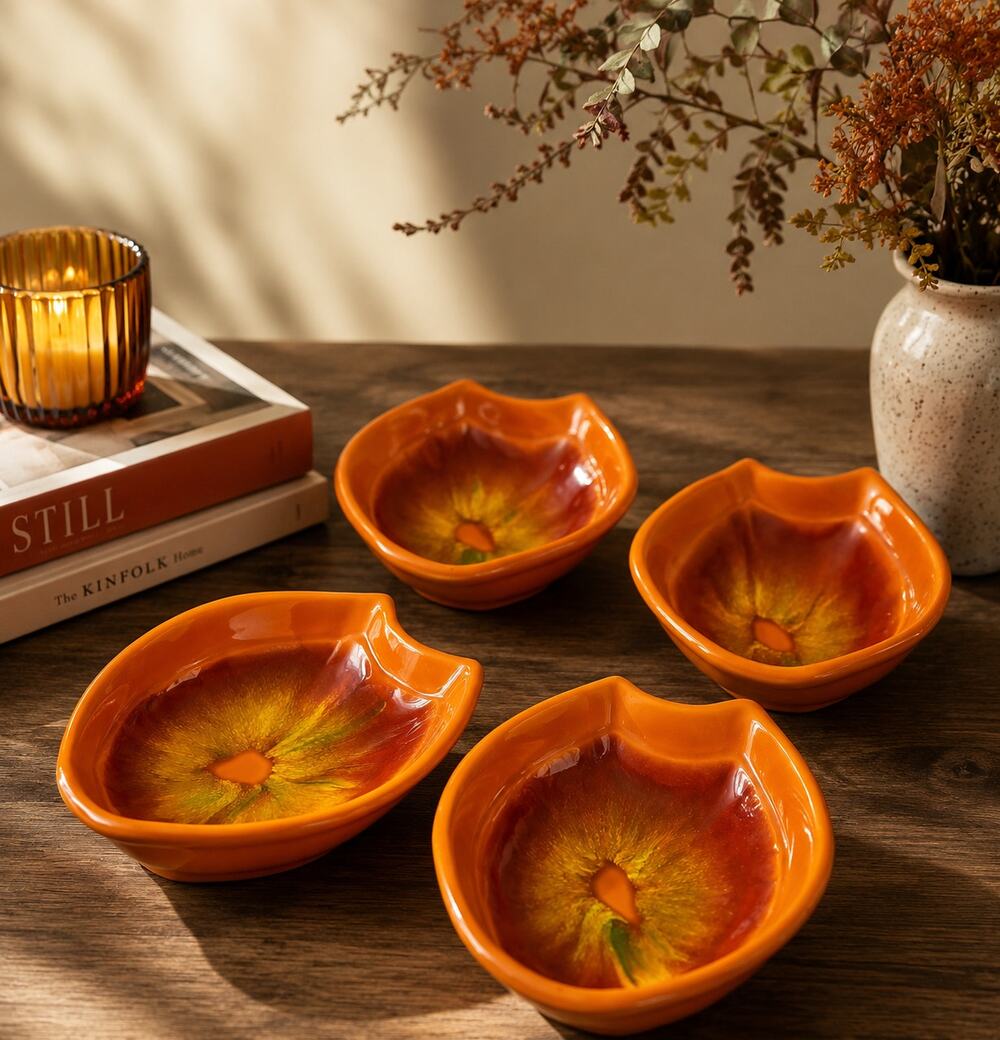 Set Of 4 MCM VTG California Potter Orange Drip Glaze 862 Snack Bowls Dip Bowls